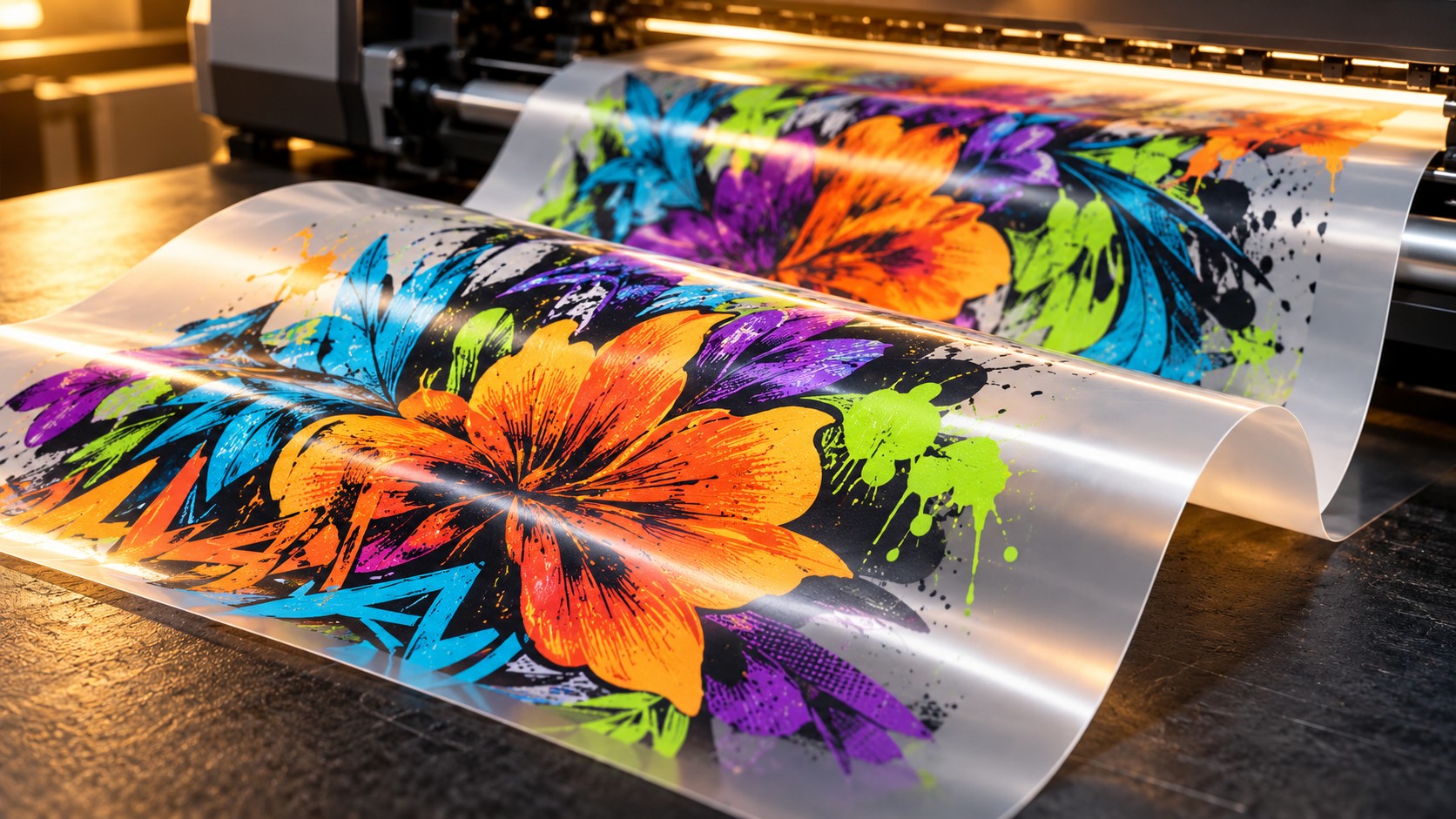 Película de impresión DTF con diseños florales de colores vibrantes saliendo de una impresora